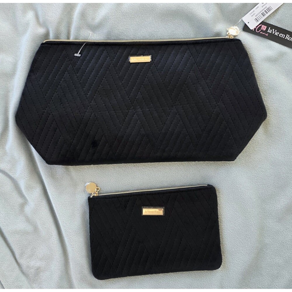 La Vie en Rose 2 Piece Velvet Cosmetic Bag Set Black Quilted NWT MSRP $29.95